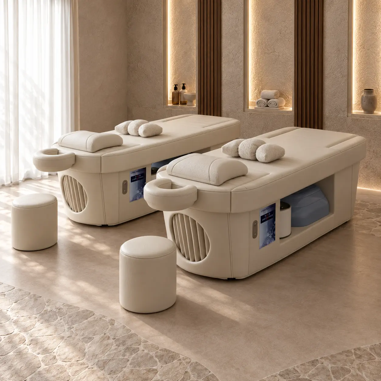 ARMONIA multifunction spa bed in off-white upholstery in flat treatment configuration