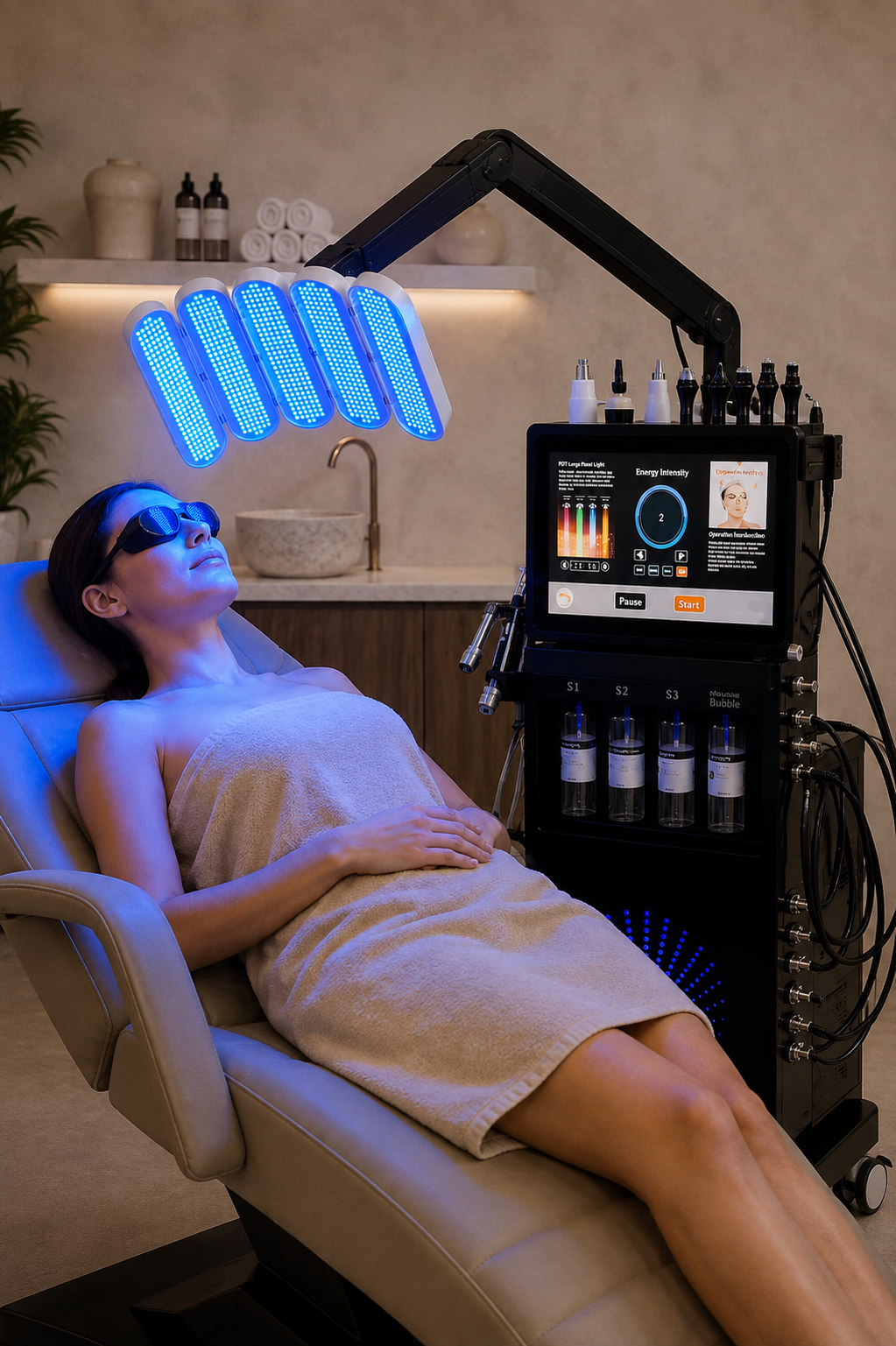 NURILUX professional multifunction facial machine with five-panel LED phototherapy system in treatment