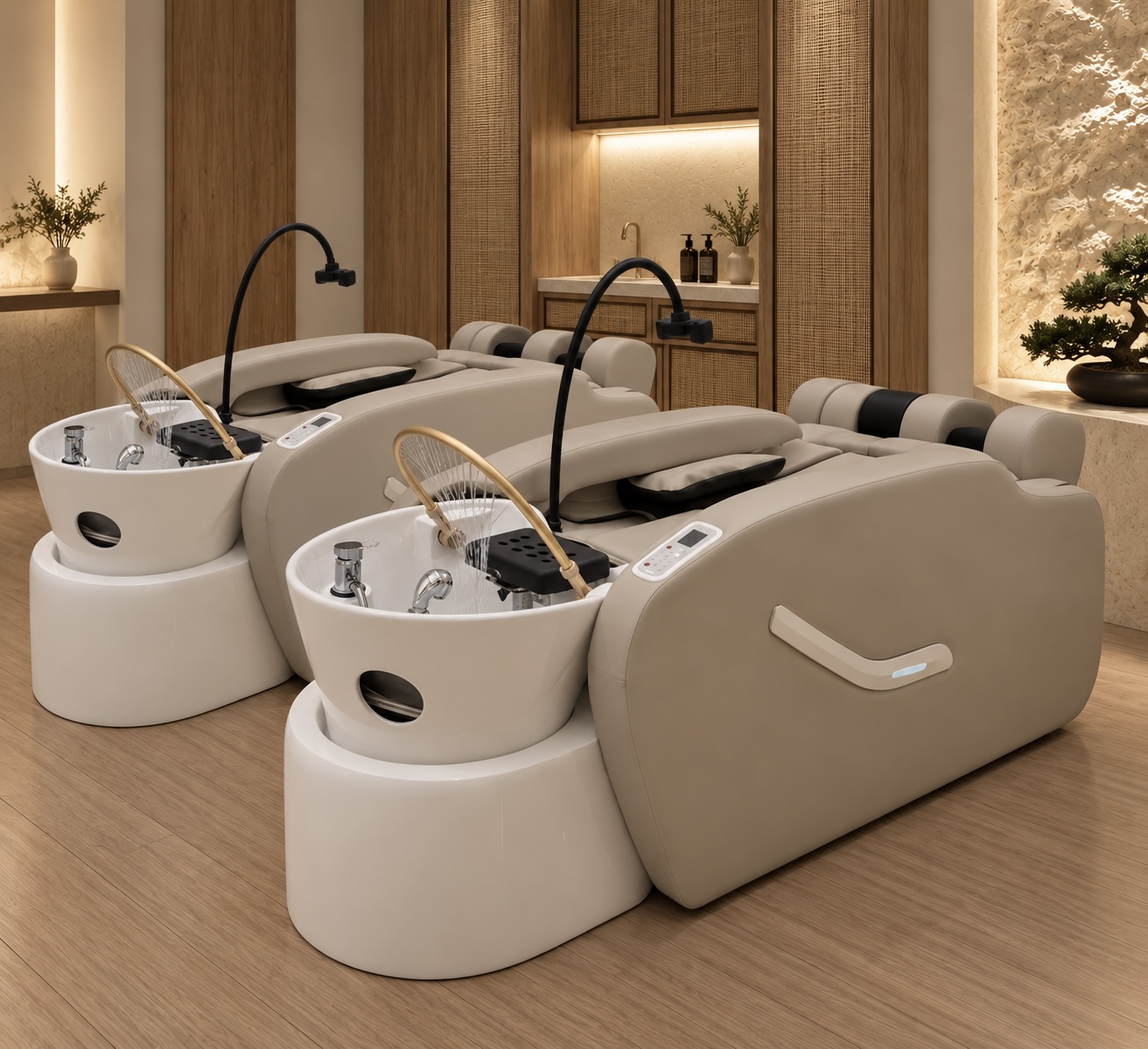 Firenze Japanese Head Spa and full-body massage beds in premium beige upholstery