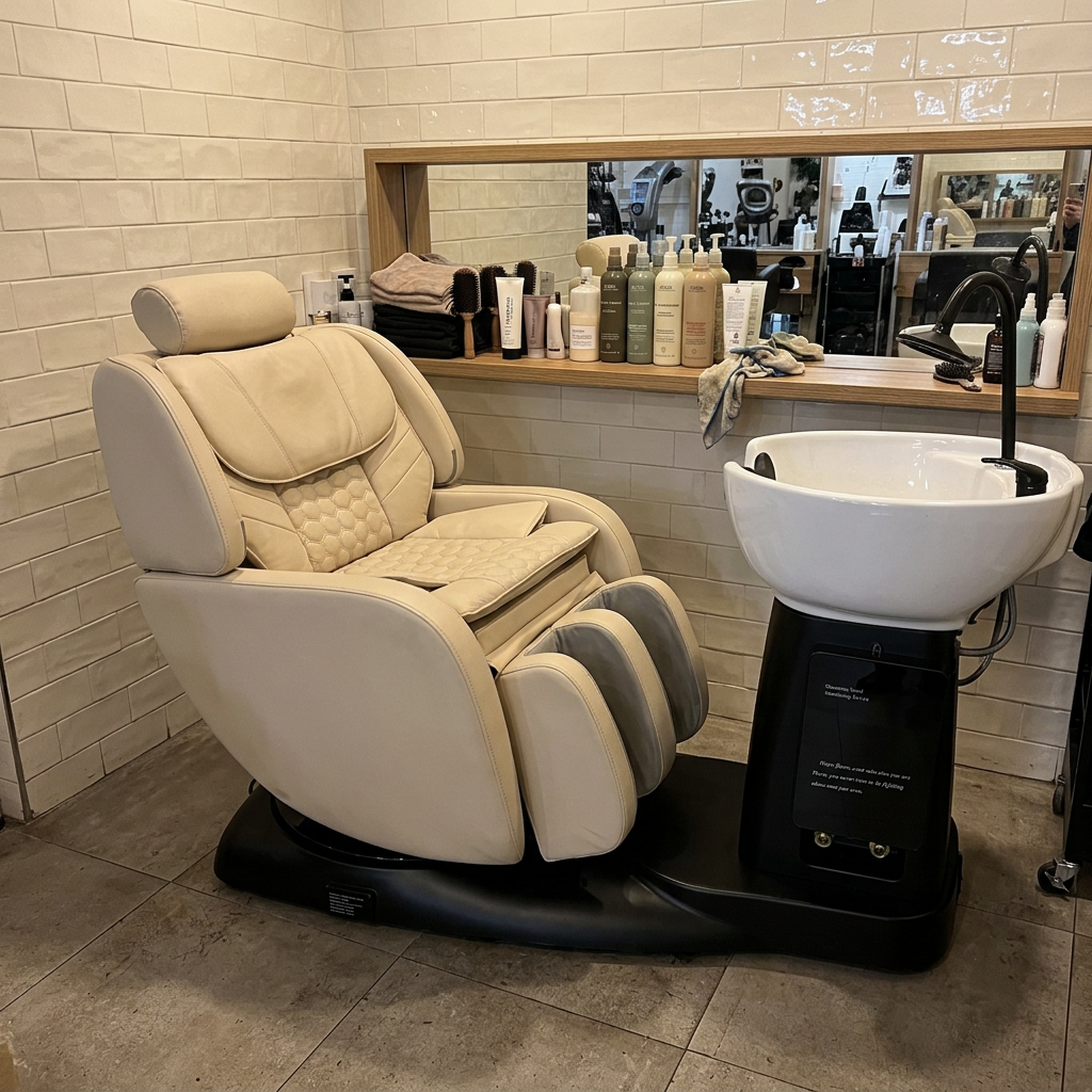Reclining shampoo chair with ceramic basin in a customer's salon